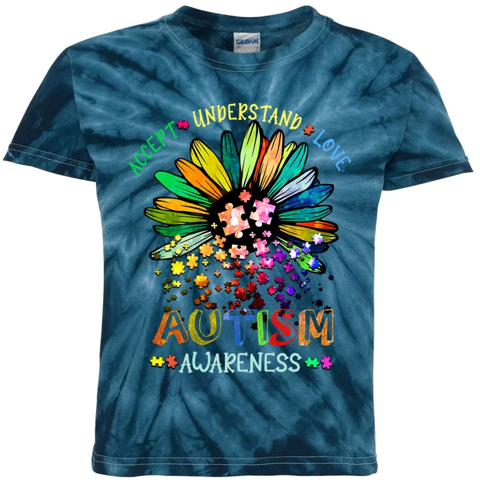 Accept Understand Love Autism Awareness Sunflower Puzzle Pieces Kids Tie-Dye T-Shirt