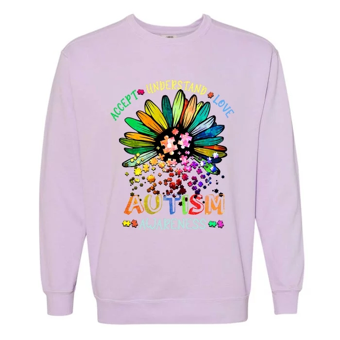 Accept Understand Love Autism Awareness Sunflower Puzzle Pieces Garment-Dyed Sweatshirt