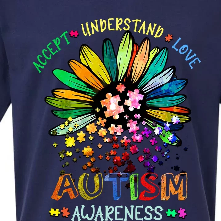 Accept Understand Love Autism Awareness Sunflower Puzzle Pieces Sueded Cloud Jersey T-Shirt