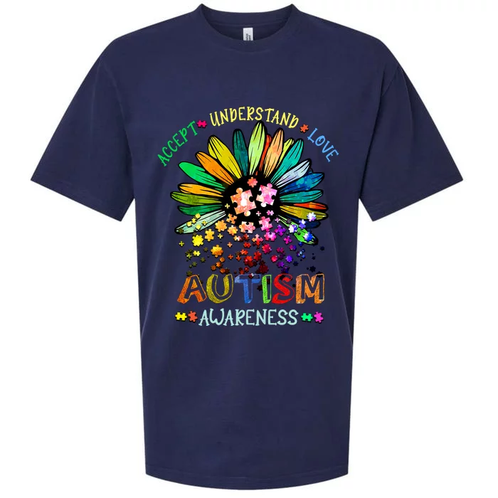 Accept Understand Love Autism Awareness Sunflower Puzzle Pieces Sueded Cloud Jersey T-Shirt