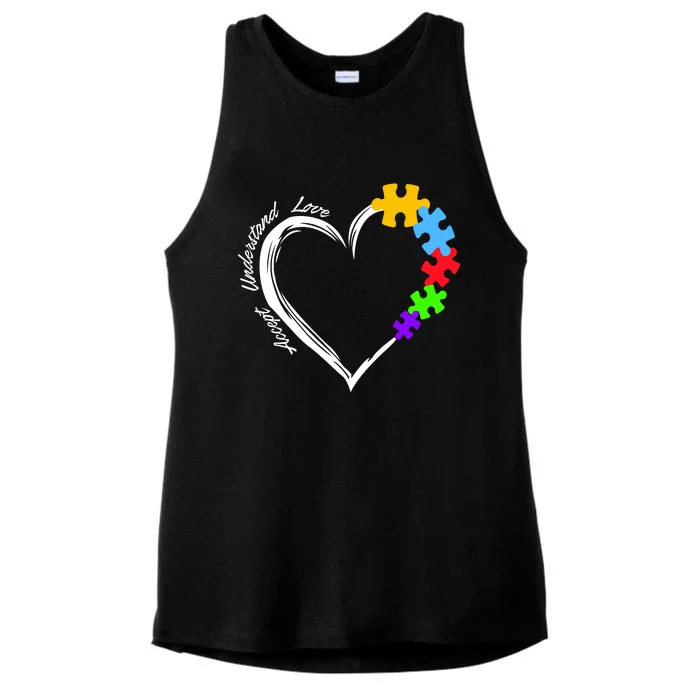 Accept Understand Love Autism Awareness Puzzle Heart Ladies Tri-Blend Wicking Tank