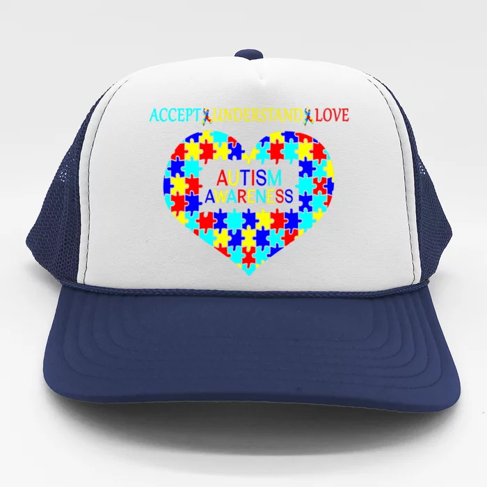 Accept Understand Love Puzzle Piece Heart Autism Awareness Gift Trucker Hat