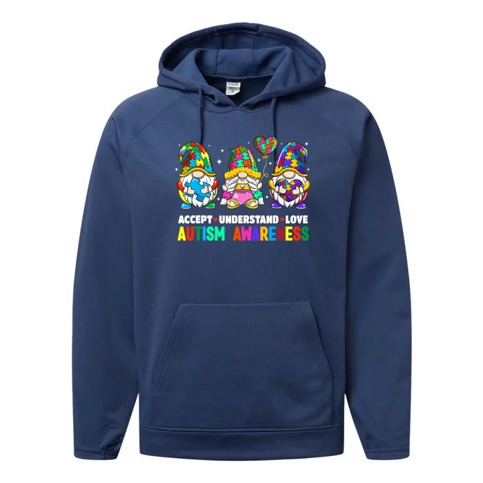 Accept Understand Love Autism Awareness Gnome Performance Fleece Hoodie