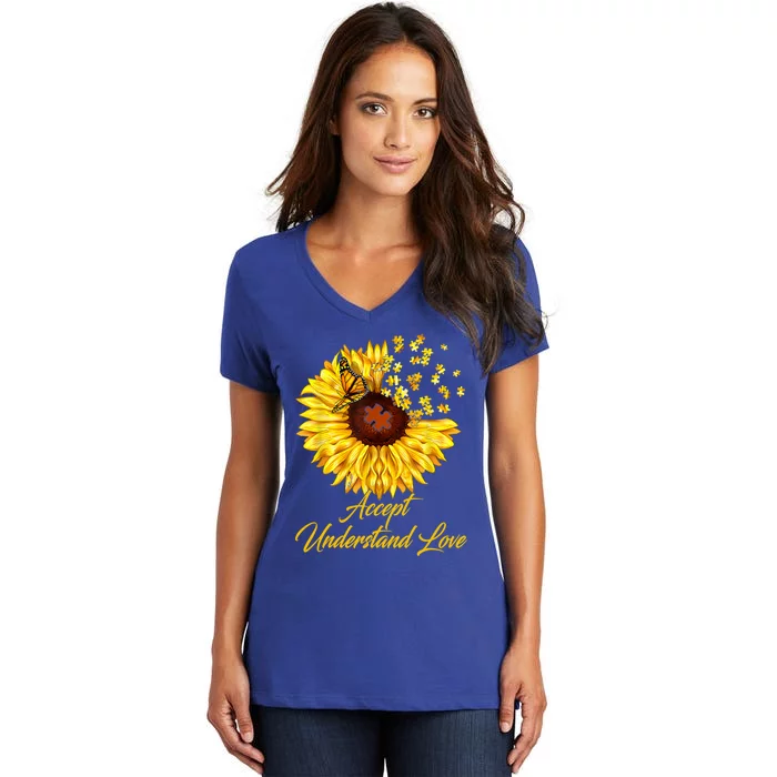 Accept Understand Love Sunflower Autism Women's V-Neck T-Shirt