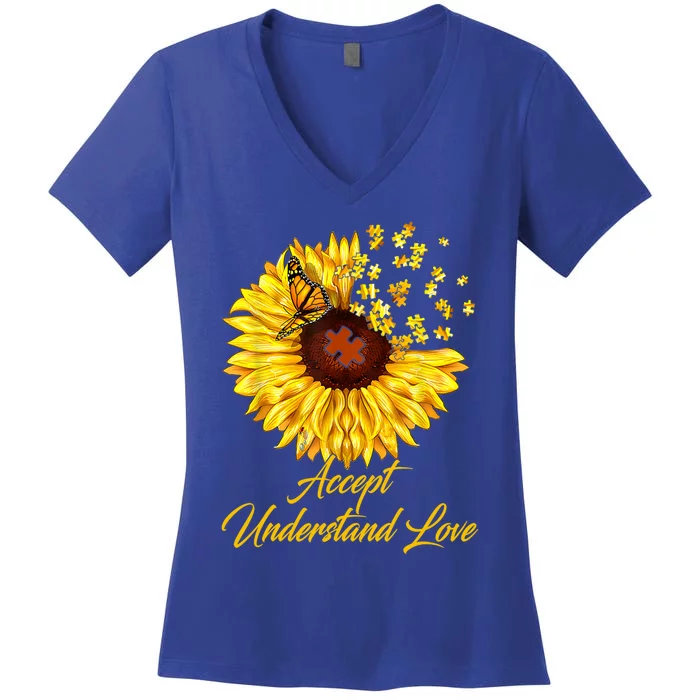 Accept Understand Love Sunflower Autism Women's V-Neck T-Shirt