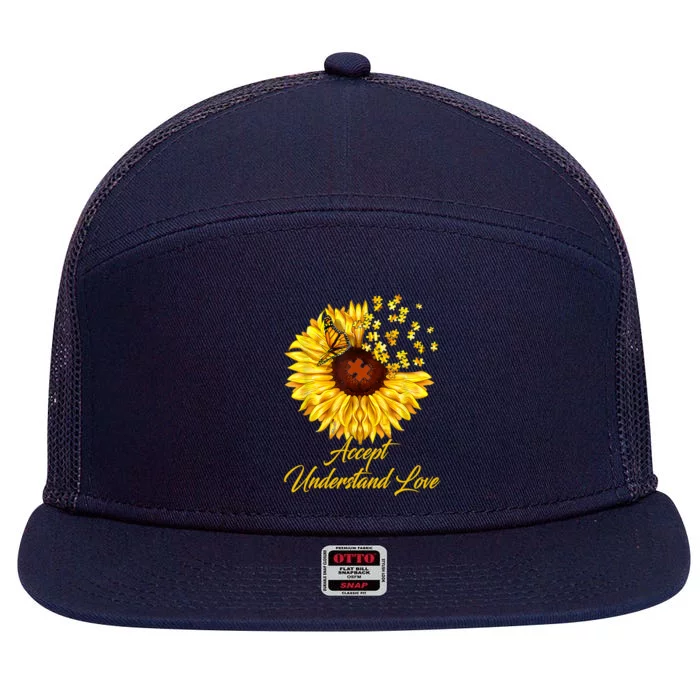 Accept Understand Love Sunflower Autism 7 Panel Mesh Trucker Snapback Hat