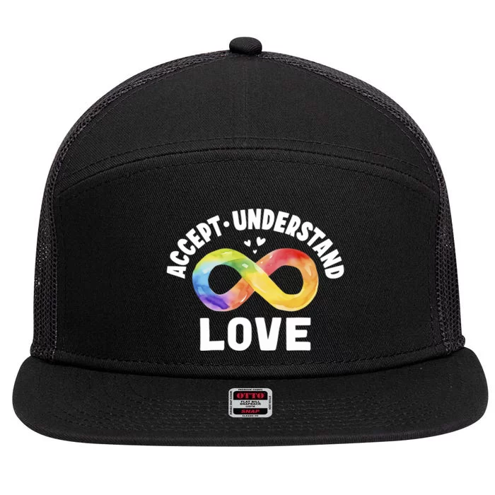 Accept Understand Love Autism Awareness ASD Infinity Symbol 7 Panel Mesh Trucker Snapback Hat