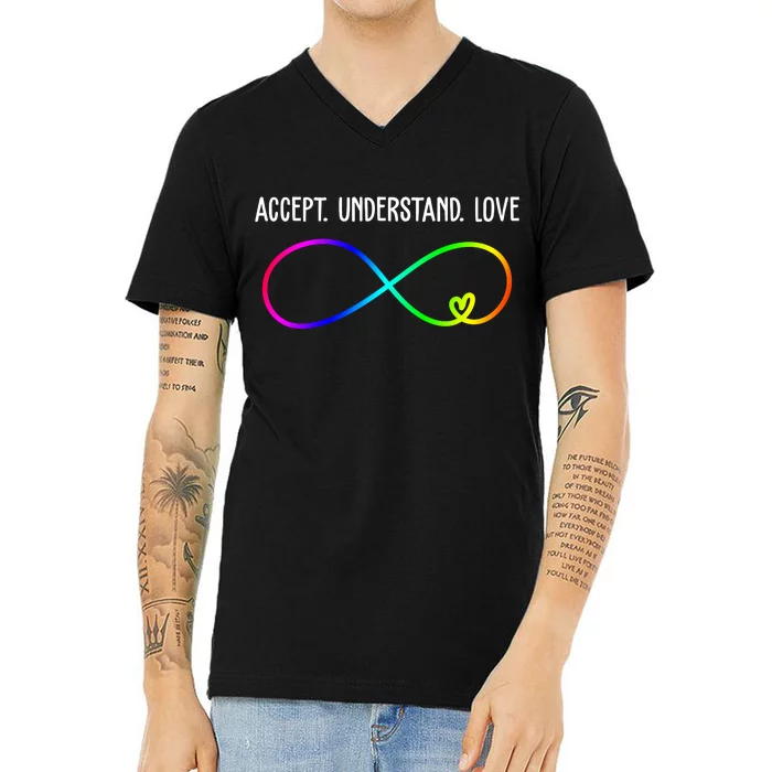 Accept Under Love Neurodiversity Autism Rainbow V-Neck T-Shirt