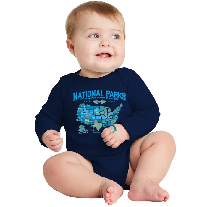 All U.S National Parks Map Camping 80s Graphic Baby Long Sleeve Bodysuit