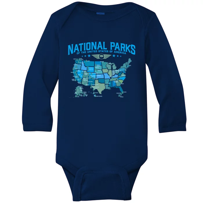 All U.S National Parks Map Camping 80s Graphic Baby Long Sleeve Bodysuit