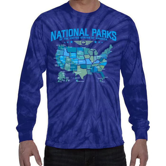 All U.S National Parks Map Camping 80s Graphic Tie-Dye Long Sleeve Shirt