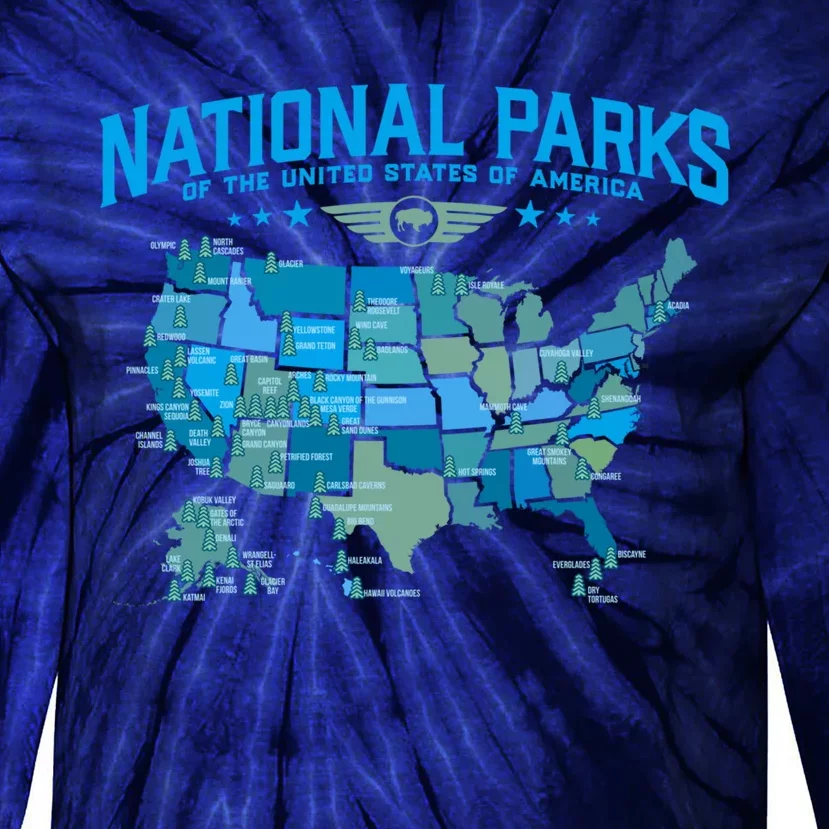 All U.S National Parks Map Camping 80s Graphic Tie-Dye Long Sleeve Shirt