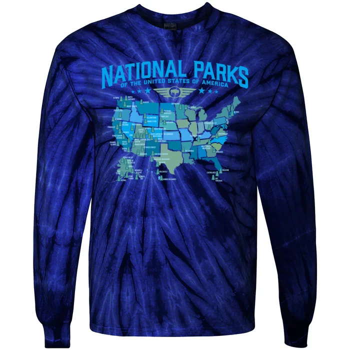 All U.S National Parks Map Camping 80s Graphic Tie-Dye Long Sleeve Shirt