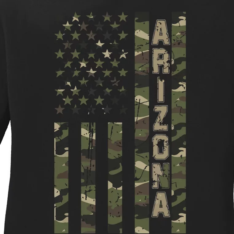 Arizona United States Distressed Camo W Us Flag Ladies Long Sleeve Shirt