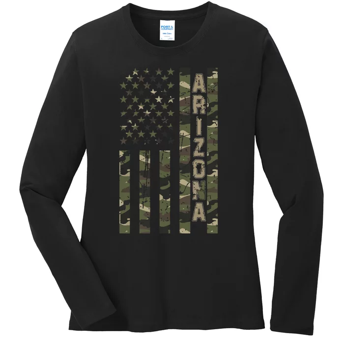 Arizona United States Distressed Camo W Us Flag Ladies Long Sleeve Shirt