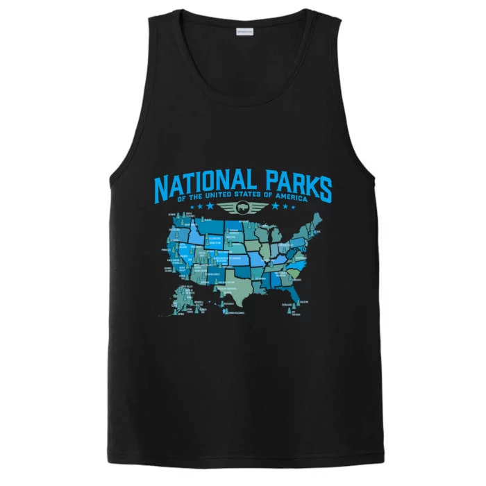 All U S National Parks Map Camping 80s Graphic Gift Performance Tank