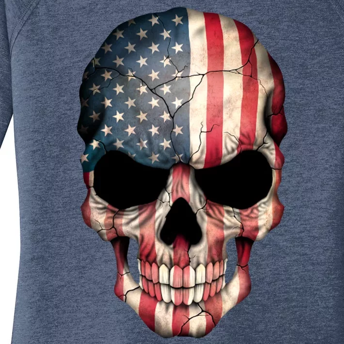 American USA Skull Grunge American Flag Women's Perfect Tri Tunic Long Sleeve Shirt