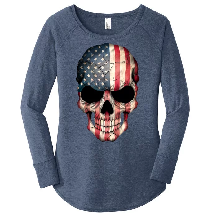 American USA Skull Grunge American Flag Women's Perfect Tri Tunic Long Sleeve Shirt