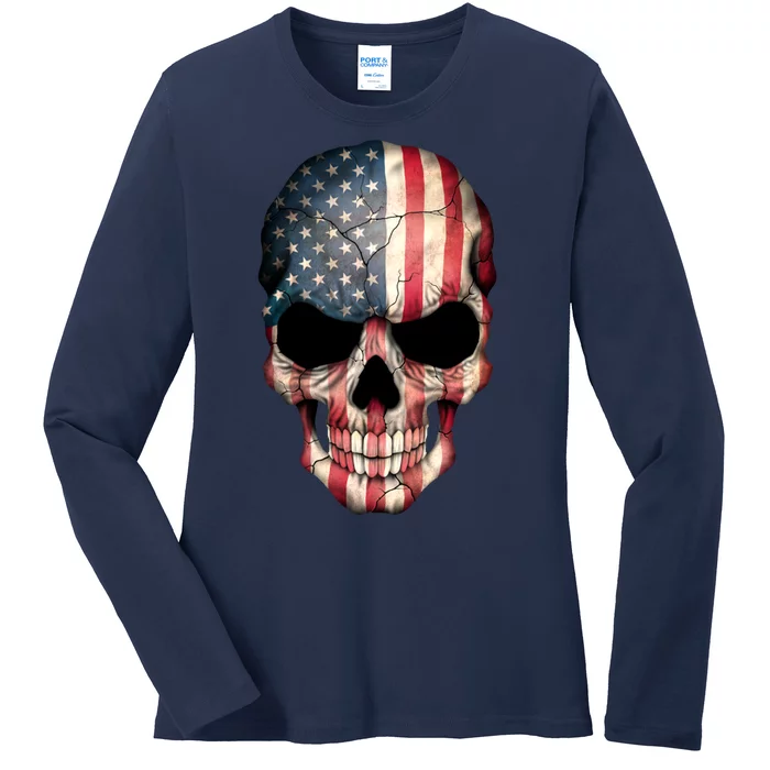 American USA Skull Grunge American Flag Ladies Long Sleeve Shirt