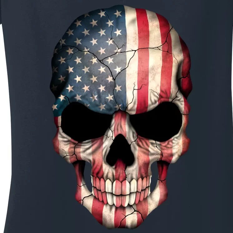 American USA Skull Grunge American Flag Women's V-Neck T-Shirt