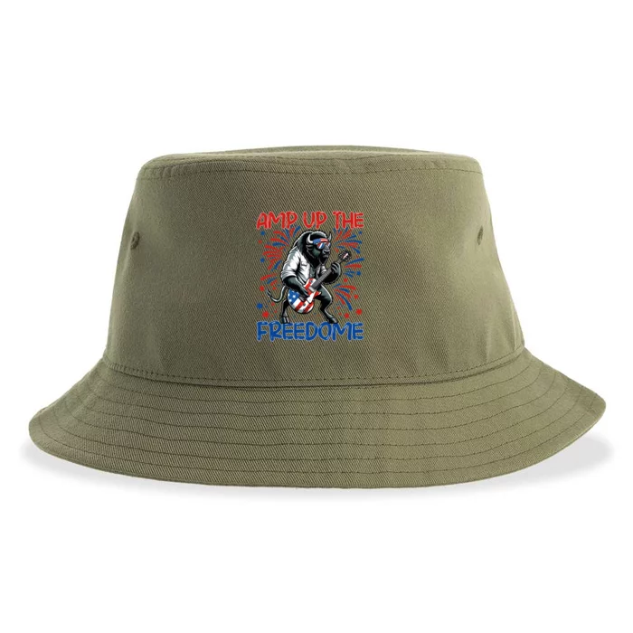 Amp Up The Freedome Rock Guitar 4th Of July Patriotic Bison Gift Sustainable Bucket Hat