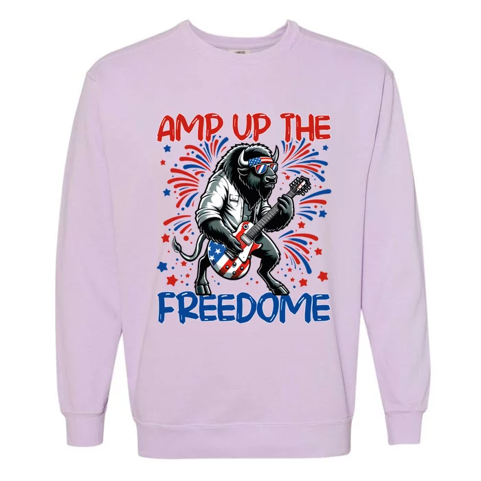 Amp Up The Freedome Rock Guitar 4th Of July Patriotic Bison Gift Garment-Dyed Sweatshirt