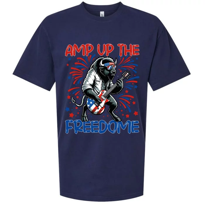 Amp Up The Freedome Rock Guitar 4th Of July Patriotic Bison Gift Sueded Cloud Jersey T-Shirt