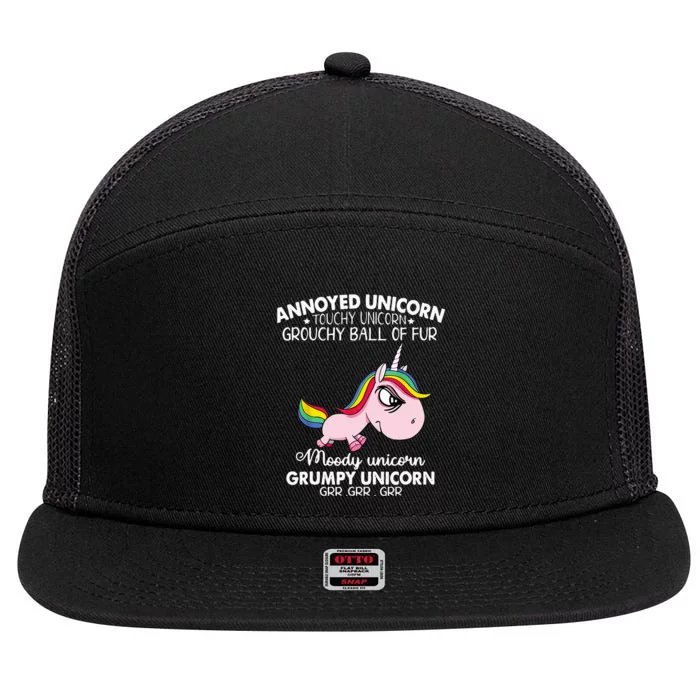 Annoyed Unicorn Touchy Unicorn Grouchy Ball Of Fur 7 Panel Mesh Trucker Snapback Hat