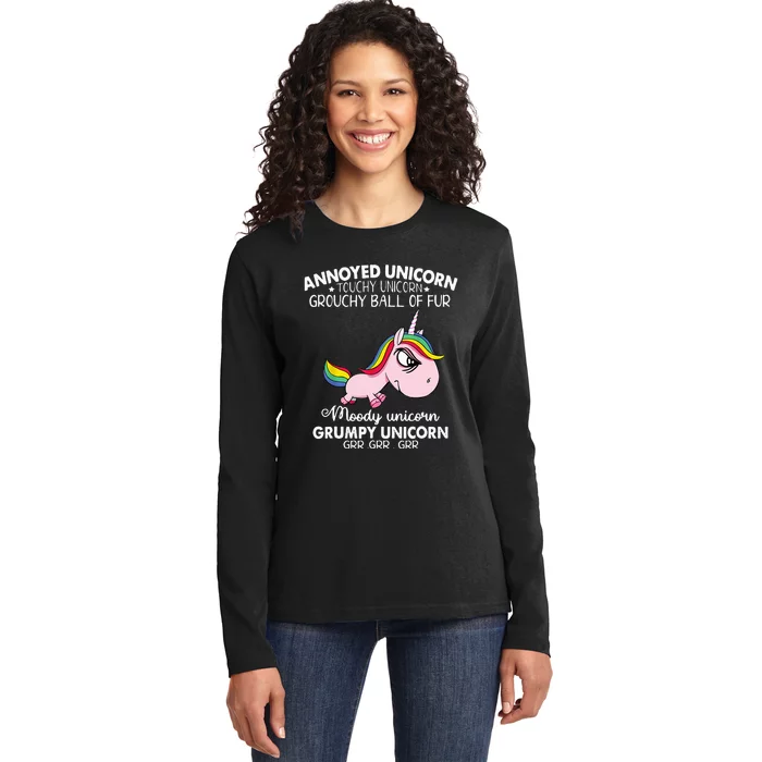 Annoyed Unicorn Touchy Unicorn Grouchy Ball Of Fur Ladies Long Sleeve Shirt