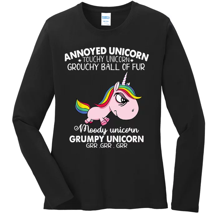 Annoyed Unicorn Touchy Unicorn Grouchy Ball Of Fur Ladies Long Sleeve Shirt