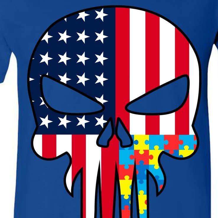Autism Awareness American Skull V-Neck T-Shirt