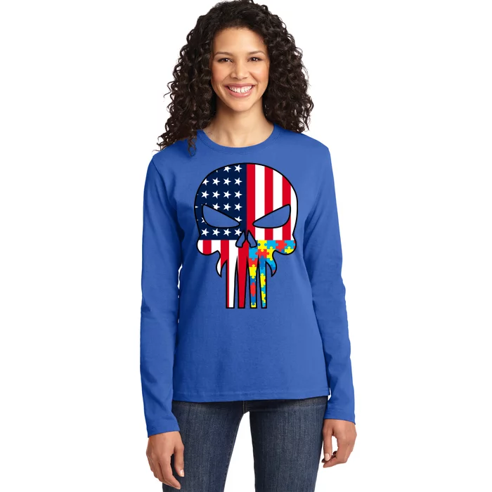 Autism Awareness American Skull Ladies Long Sleeve Shirt