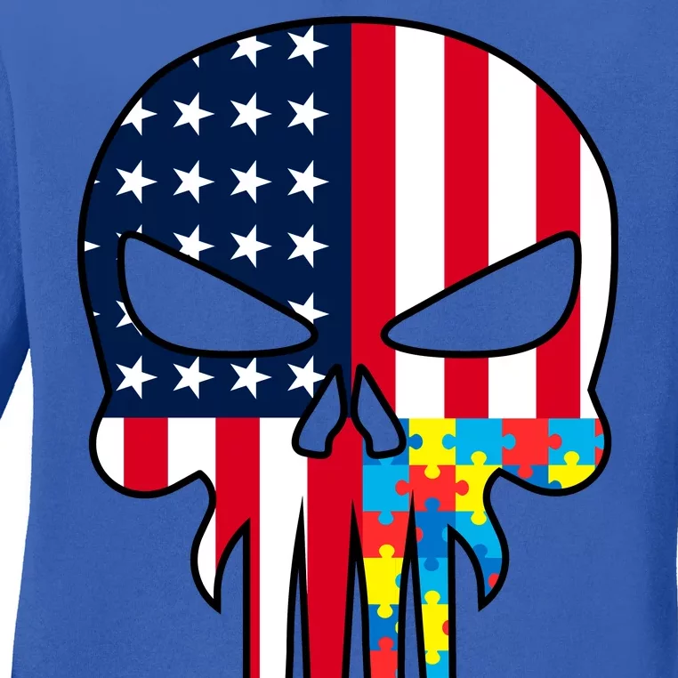 Autism Awareness American Skull Ladies Long Sleeve Shirt