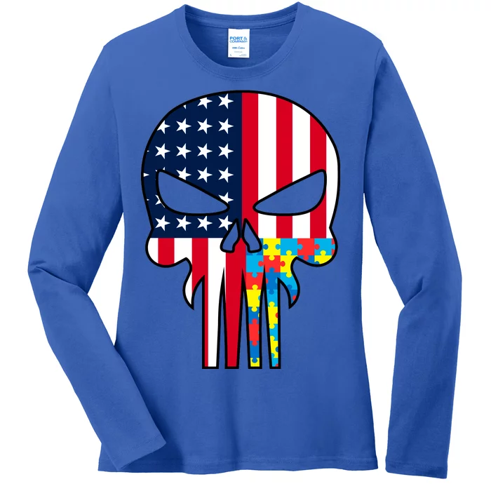 Autism Awareness American Skull Ladies Long Sleeve Shirt