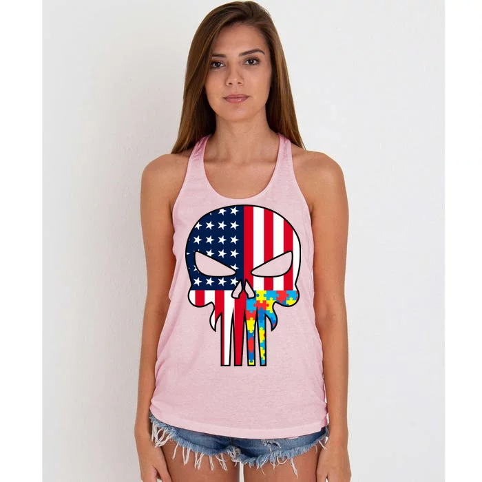 Autism Awareness American Skull Women's Knotted Racerback Tank