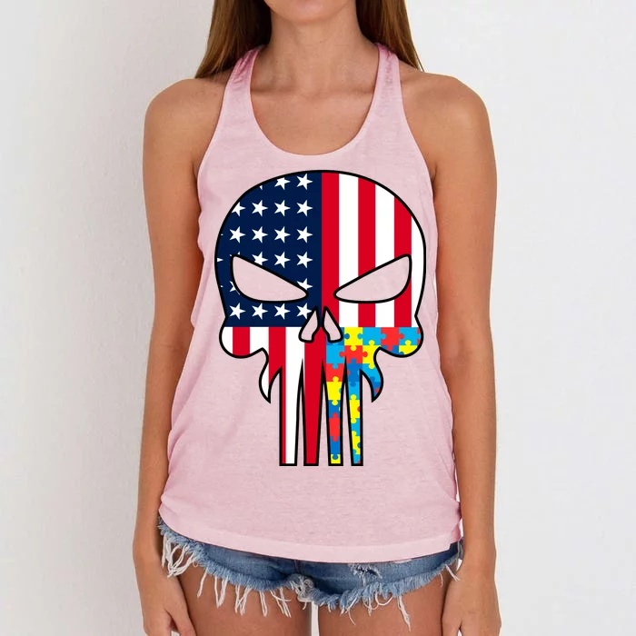 Autism Awareness American Skull Women's Knotted Racerback Tank