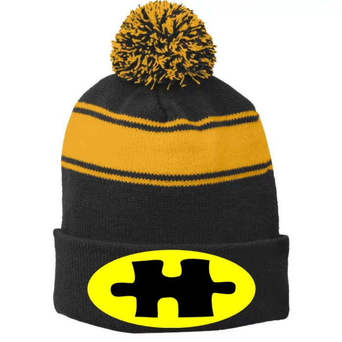 Autism Awareness Bat Puzzle Logo Stripe Pom Pom Beanie