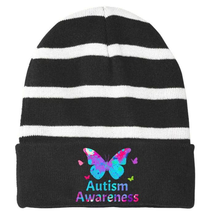 Autism Awareness Butterflies Striped Beanie with Solid Band