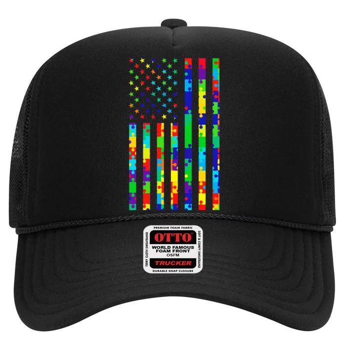 Autism Awareness Colorful Puzzle Flag High Crown Mesh Trucker Hat