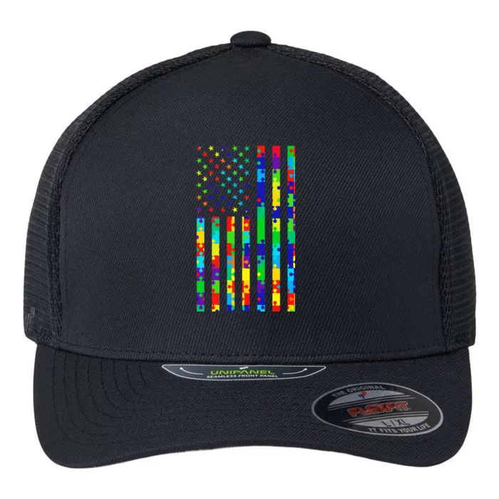 Autism Awareness Colorful Puzzle Flag Flexfit Unipanel Trucker Cap