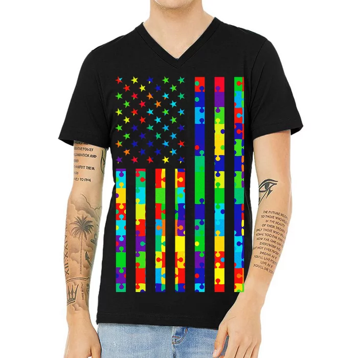 Autism Awareness Colorful Puzzle Flag V-Neck T-Shirt