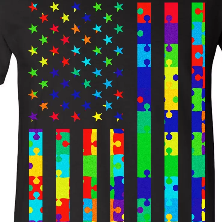 Autism Awareness Colorful Puzzle Flag V-Neck T-Shirt