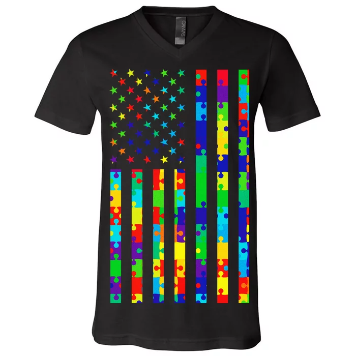 Autism Awareness Colorful Puzzle Flag V-Neck T-Shirt