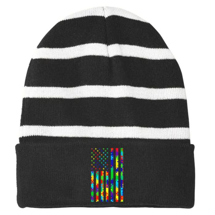 Autism Awareness Colorful Puzzle Flag Striped Beanie with Solid Band