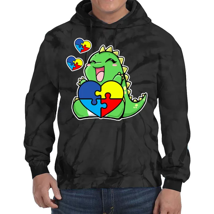 Autism Awareness Cute Dinosaur Puzzle Piece Tie Dye Hoodie