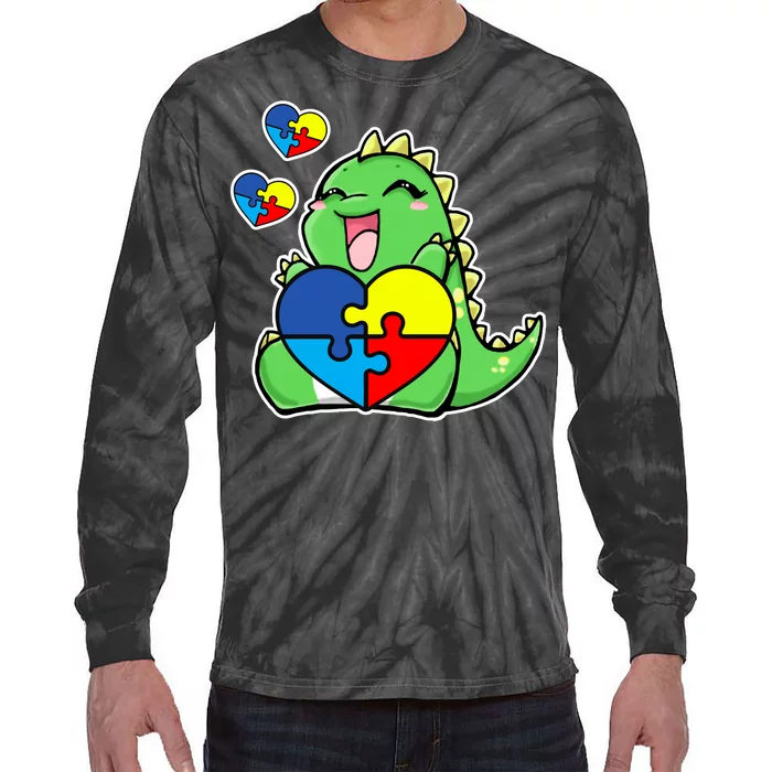 Autism Awareness Cute Dinosaur Puzzle Piece Tie-Dye Long Sleeve Shirt