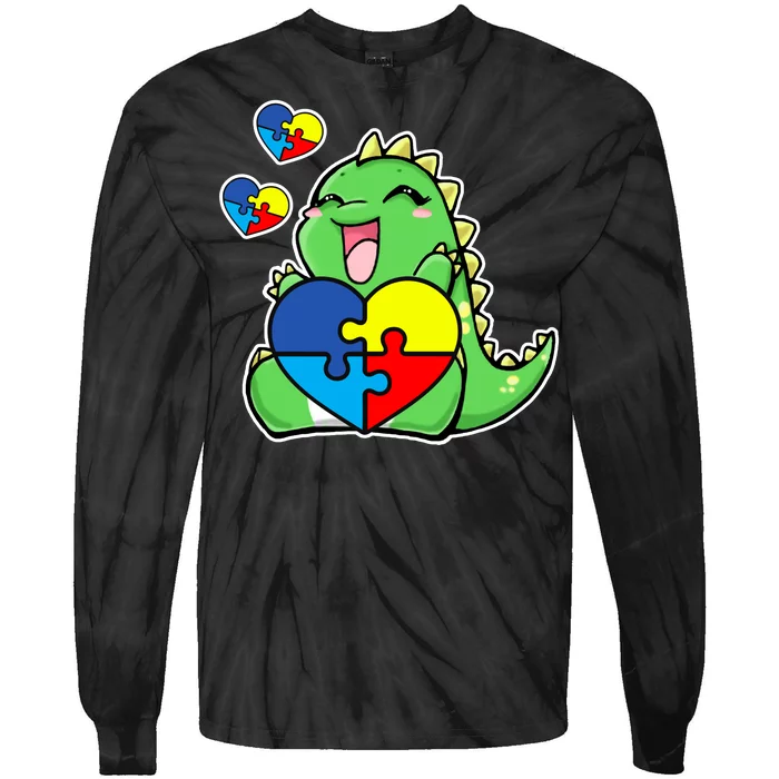 Autism Awareness Cute Dinosaur Puzzle Piece Tie-Dye Long Sleeve Shirt