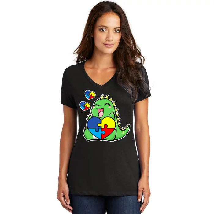 Autism Awareness Cute Dinosaur Puzzle Piece Women's V-Neck T-Shirt