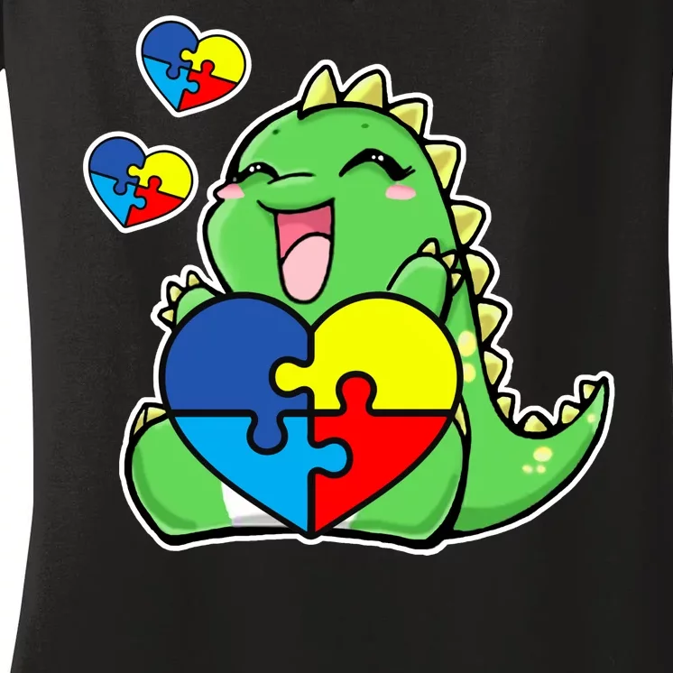 Autism Awareness Cute Dinosaur Puzzle Piece Women's V-Neck T-Shirt