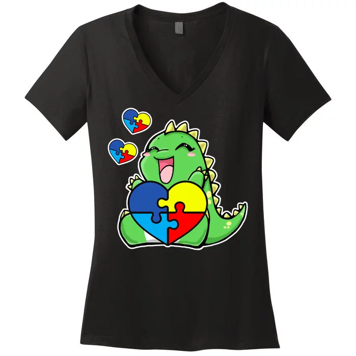 Autism Awareness Cute Dinosaur Puzzle Piece Women's V-Neck T-Shirt